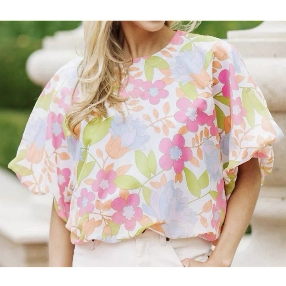 J.Marie Women's Medium‎ M Ava Mae Bubble Top Pink Floral Summer Garden Party